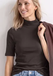 T-Shirt mit Turtle Neck in Rippstruktur female Braun