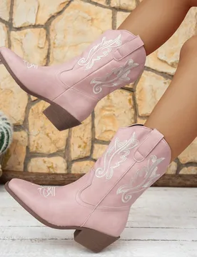 Botas de tacón alto bordadas vintage para adolescentes Xfxf, adecuadas para uso en la escuela/fiesta/vacaciones CN42 - Shein - FashionsVida