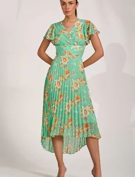 Women's Cap Sleeve Pleated Chiffon Maxi Dress in Bright Green Size: 20 - Bright Green - Size: 20 - Jolie Moi - FashionsVida