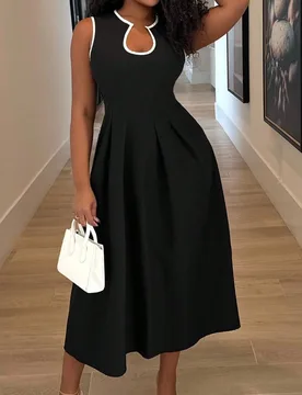 Vestido de color liso con escote de U, cintura y bajo en A, vestido con ribete en contraste, vestido elegante para mujer, vestimenta de oficina/inform - Shein - FashionsVida