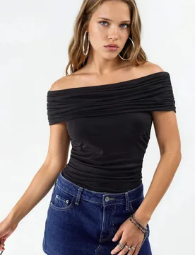 Womens Off Shoulder Drape Blouse - Black - Size Medium - Busem - FashionsVida