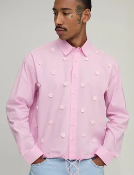 Herren Übergroßes Hemd Mit Bungee-Saum Und Blumenapplikation Pink Größe Medium - boohooMAN - FashionsVida