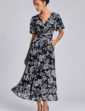 Women's Puff Sleeve Printed Lace Maxi Dress in Navy Size: 14 - Navy - Size: 14 - Jolie Moi - FashionsVida