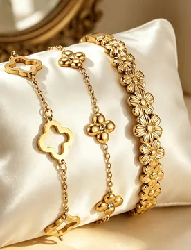 Juego de 3 piezas/1 pieza de pulseras apilables de lujo, pulsera de acero inoxidable chapada en oro de 18K con trébol de cuatro hojas hueco y circoni - Shein - FashionsVida