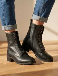 Leather Lace Up Block Heel Ankle Boots Black female
