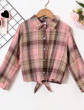 Camisa de manga larga con lazo y estampado de cuadros rosas en estilo casual de vacaciones para niña joven 9Y - Shein - FashionsVida