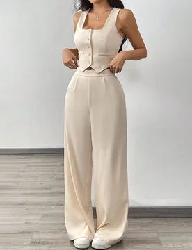 Conjunto de 2 piezas para mujer con top de cárdigan sin mangas de cuello cuadrado en beige claro y pantalones anchos holgados casuales y elegantes, p - Shein - FashionsVida