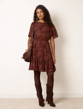 Crew Neck Frill Sleeve Mini Dress - S / CHOCOLATE - female - Blue Vanilla - FashionsVida
