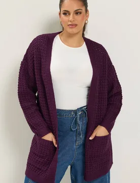 Women's Waffle Knit Cardigan Sweater in Purple Size: 10-12 - Purple - Size: 10-12 - Yours - FashionsVida