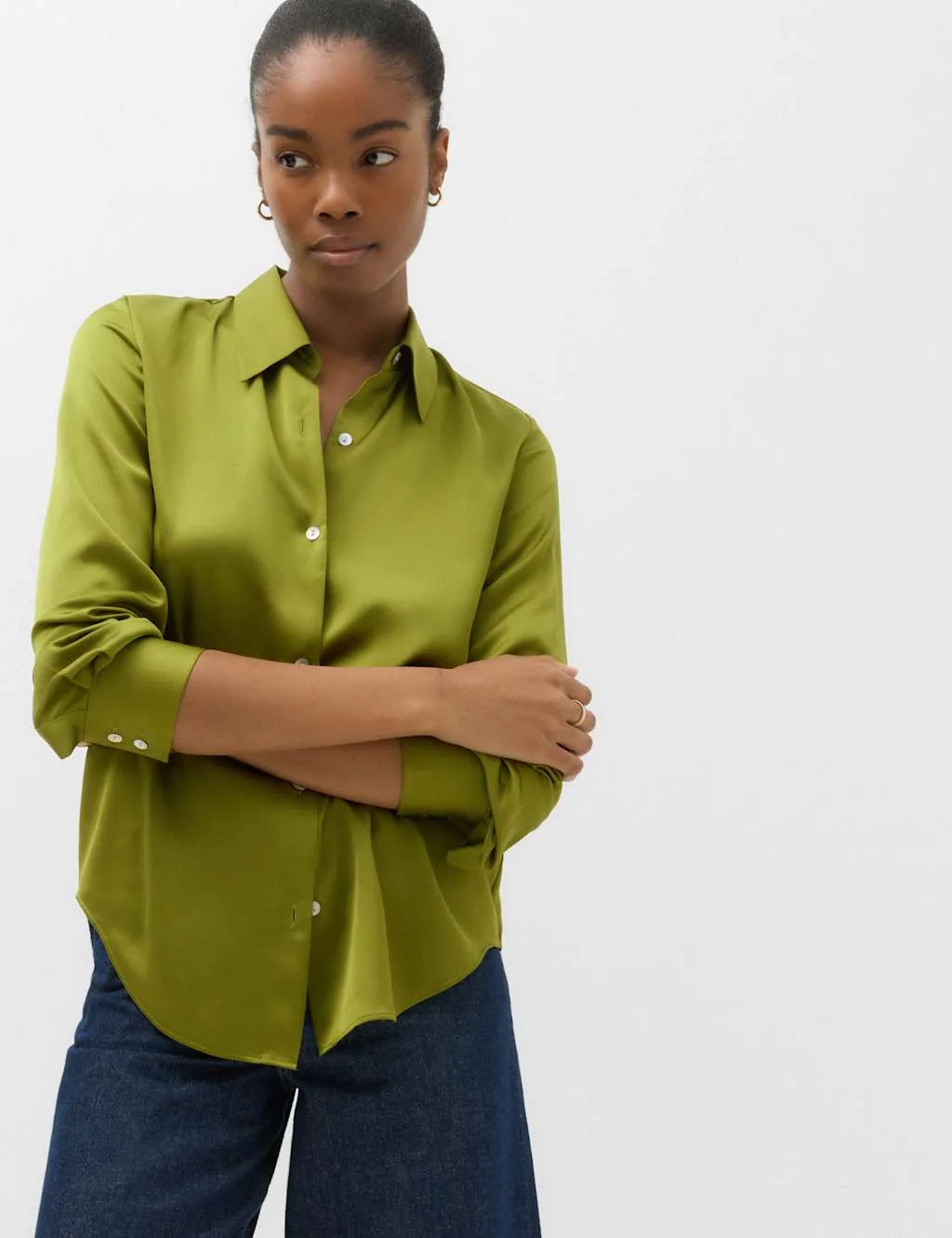 Satin Collared Button Through Shirt Green female - M&S - FashionsVida