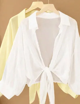 Nuevo conjunto de 2 piezas de camisa y chal corto casual de gasa con forma de murciélago de unicolor para mujer XS - Shein - FashionsVida
