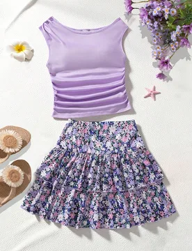 Conjunto de 2 piezas de top & falda para niñas preadolescentes, casual, ajustado, vacaciones, minimalista, de punto, regreso a la escuela, conjuntos - Shein - FashionsVida