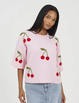 Short Sleeve Cherry Womens Jacquard Jumper - - Size: L - Brave soul - FashionsVida