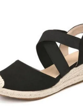 Sandalias de cuña de cuerda de tela de terciopelo con tiras cruzadas y punta abierta para mujer EUR37 - Shein - FashionsVida