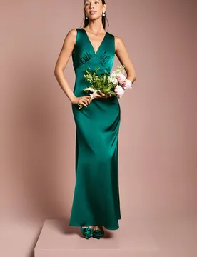 Women's Bow Back V Neck Satin Bridesmaid Dress in Emerald Size: 18 - Emerald - Size: 18 - Coast - FashionsVida