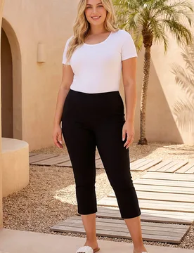 Womens Cropped Elastic Waist Stretch Trouser - Black - Size Uk 22-24 - Roman Curve - FashionsVida