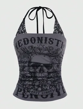 Top ajustado sin mangas con estampado de esqueleto y encaje en contraste, estilo Y2K punk para conciertos L - Shein - FashionsVida