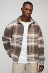 Mens Oversized Boxy Brushed Check Overshirt - Brown - Size Large
