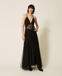 Robe longue en tulle plumetis et dentelle