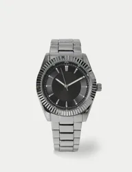 Faceted Bezel Steel Black Dial Silver male