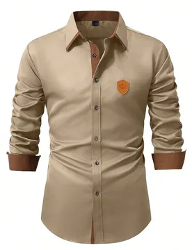 Camisa de manga larga color canela con contraste de color para hombre, estilo casual de negocios, formal, para ceremonias L - Shein - FashionsVida