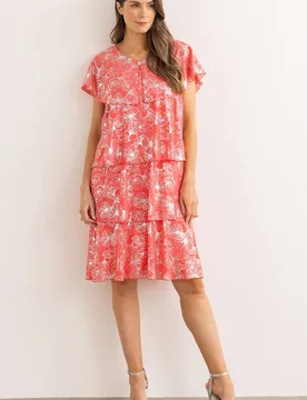 Women's Floral Foil Printed Layered Dress in Coral Size: 18 - Coral - Size: 18 - Klass. - FashionsVida