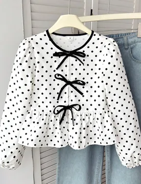 Blusa para niña preadolescente con estampado de lunares, lazo delantero y bajo con volantes 9Y - Shein - FashionsVida