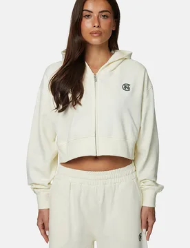 Womens Cream Cropped Zip Hoodie With Monogram - Size X-Large - Good For Nothing - FashionsVida