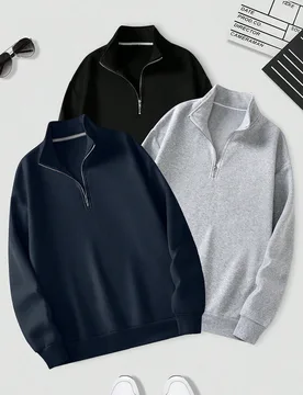 Sudadera de hombre de 3 piezas de unicolor con cremallera de un cuarto, para otoño, mangas largas, tops casuales para escuela y fuera del campus en n - Shein - FashionsVida
