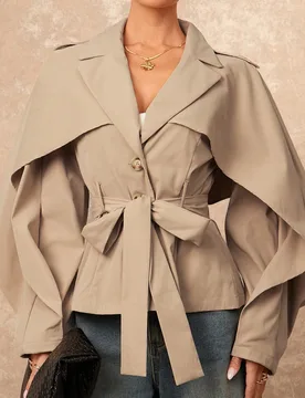 Abrigo largo tipo gabardina para mujer color caqui, elegante estilo francés casual para oficina y negocios, otoño e invierno, con cuello de chal, ci - Shein - FashionsVida