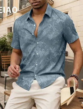 Camisa para hombre FEIAO estilo vintage Old Money, de poliéster de una sola capa con estampado digital, capa exterior estampada y capa interior lisa, - Shein - FashionsVida