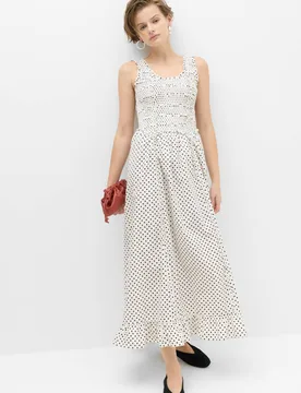 Pure Cotton Polka Dot Ruffle Midi Skater Dress White Mix female - M&S - FashionsVida
