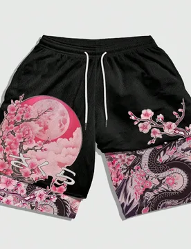 Pantalones cortos casuales de hombre con estampado de ramas, cintura con cordón y doble capa XL - Shein - FashionsVida