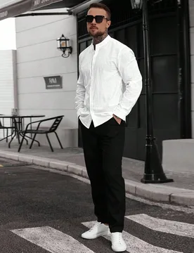 Camisa de manga larga de unicolor casual para hombres, lino blanco con textura de algodón puro para otoño, estilo Old Money, formal y de vacaciones - Shein - FashionsVida