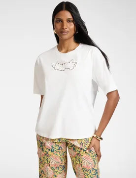 Camiseta de mujer de algodón con bordado ajuste boxy y mangas cortas - Elena Miró - FashionsVida