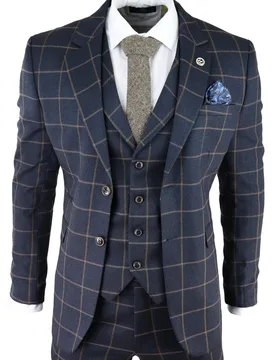 Mens Navy Blue Check 3 Piece Tweed Suit Peaky Blinders 1920s Gatsby Tailored Fit Canvas - Size 40 (Chest) - TruClothing - FashionsVida