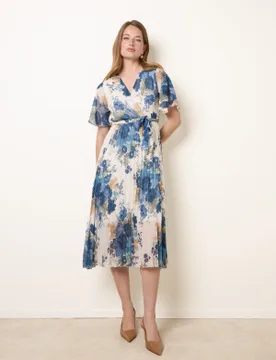 Crossover Pleated Print Dress - S / WHITE/NAVY - female - Blue Vanilla - FashionsVida