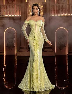 Elegante vestido formal de sirena amarillo pálido transparente de manga larga, vestido de noche con escote en V profundo y encaje francés con apliqu - Shein - FashionsVida