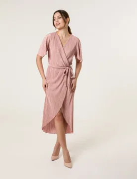 Plisse Wrap Over Midi Dress - 10 / DUSTY PINK - female - Blue Vanilla - FashionsVida