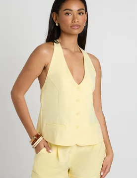 Womens Marl Button Front Halterneck Waistcoat - Yellow - Size 14 Uk - Boohoo - FashionsVida