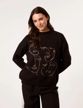 Face Stitch Sweatshirt - S/M / BLACK - female - Blue Vanilla - FashionsVida