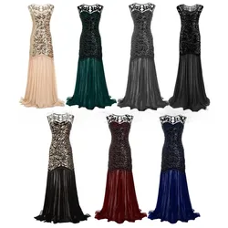 Vintage Sleeveless Round Neck Sequined Mesh Long Formal Evening Dress