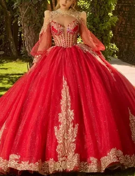 Shiny Red Quinceanera Dress off-shoulder Crystal Golden Glitter Decal Flower Long tail Vestidos De 15 Quinceanera ﻿Customize - Aliexpress - FashionsVida