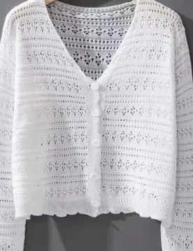 Pieza Chaqueta corta de mujer, Camisa de punto holgada con cuello en V y calado, Nueva prenda de manga larga tipo cubre para protección solar, Acceso - Shein - FashionsVida