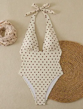 Traje de baño de dos piezas con estampado de lunares, escote asimétrico y espalda descubierta, atuendo de vacaciones en la playa para el verano XS - Shein - FashionsVida