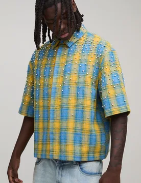 Mens Boxy Jewel Rhinestone Half Sleeve Check Shirt - Light Blue - Size 4xl - boohooMAN - FashionsVida