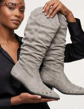 Woman Cowgirl Boots Fashion Slip On Ladies Elegant Square Heel Long Pipe Boots Pleated Shoes Retro Women's Winter Footwear - Aliexpress - FashionsVida