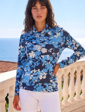 Women's Floral Print Cowl Neck Top in Blue Size: 12 - Blue - Size: 12 - Roman - FashionsVida
