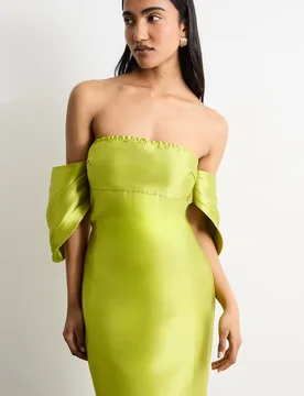 Women's Structured Puff Sleeve Bardot Midi Dress in Chartreuse Size: 14 - Chartreuse - Size: 14 - Warehouse - FashionsVida