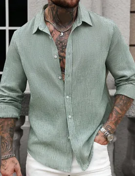 Camisa casual de manga larga con botones para hombre, camisa de lino minimalista para uso diario, otoño, formal M - Shein - FashionsVida